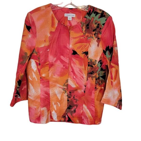 Coldwater Creek Floral Linen Blend Jacket 3/4 Sleeves Round Neck Multicolor SZ 6 - Picture 1 of 11